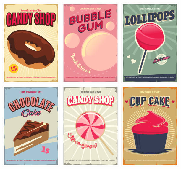 ilustrações de stock, clip art, desenhos animados e ícones de candy shop retro posters or flyers set with donut, bubble gum, lollipop, chocolate cake, cupcake. layout templates. vector illustration - bolos de chocolate