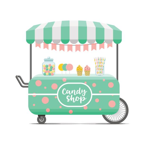 Candy shop street food cart. Colorful vector image Candy shop street food cart. Colorful vector illustration, cute style, isolated on white background candy store stock illustrations