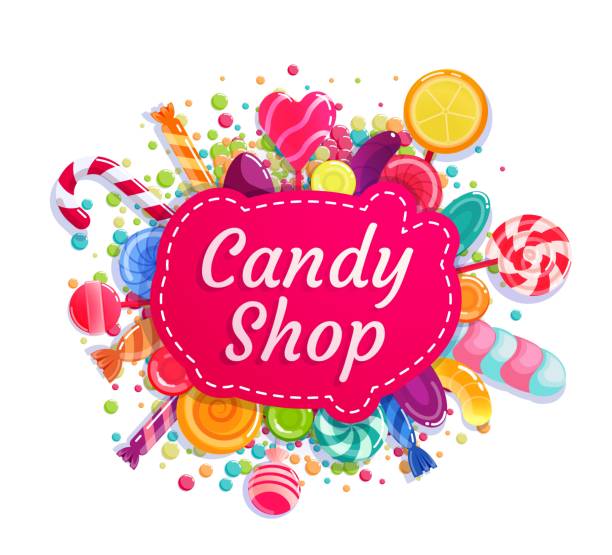Candy shop, trade store company advertising insignia label vector art illustration