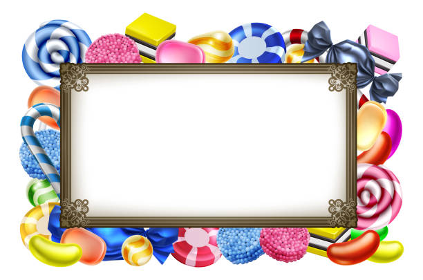 Candy Sweets Background Frame Sign Classic candy sweets arranged in a frame background sign candy borders stock illustrations