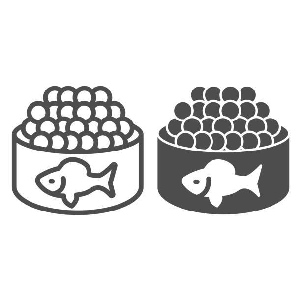 생선 캐비어 라인과 단단한 아이콘, 생선 시장 개념, 흰색 배경에 캐비어 사인, 모바일 개념 및 웹 디자인을위한 윤곽 스타일의 통조림 물고기 아이콘이있는 통조림 식품. 벡터 그래픽. - roe stock illustrations