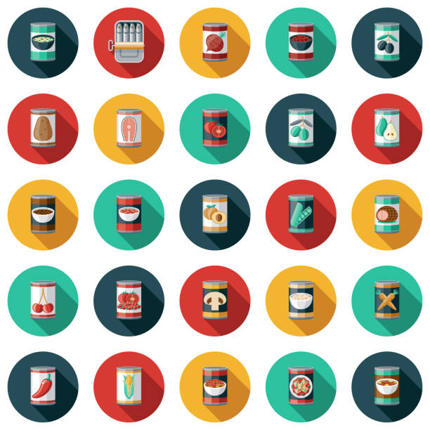 Canned Foods Icon Set A set of canned food icons. File is built in the CMYK color space for optimal printing. Color swatches are global so it’s easy to edit and change the colors. potato clipart stock illustrations