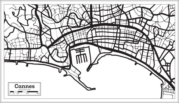 ilustrações, clipart, desenhos animados e ícones de mapa da cidade de cannes france em preto e branco em estilo retrô. mapa de contorno. - cannes