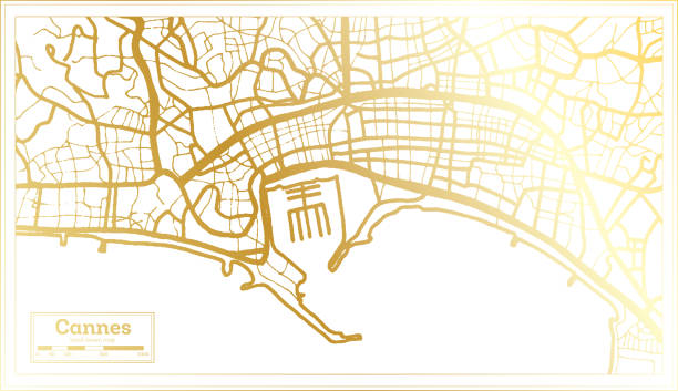 ilustrações, clipart, desenhos animados e ícones de mapa da cidade de cannes france em estilo retrô em golden color. mapa de contorno. - cannes