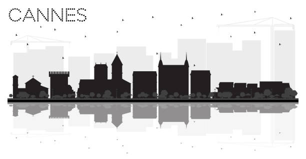 ilustrações, clipart, desenhos animados e ícones de silhueta de horizonte preto e branco de cannes frança cidade com reflexões. - cannes