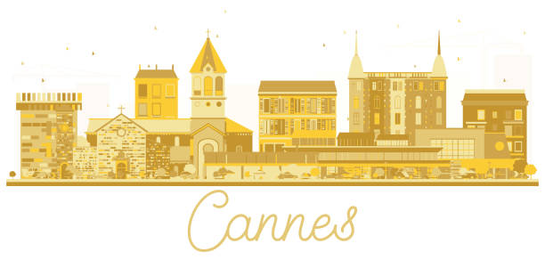ilustrações, clipart, desenhos animados e ícones de silhueta de cannes frança cidade horizonte dourado. - cannes