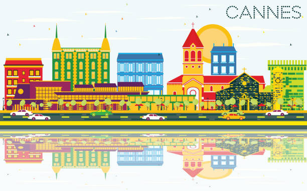 каннский горизонт с цветными зданиями, голубым небом и отражениями. - cannes stock illustrations
