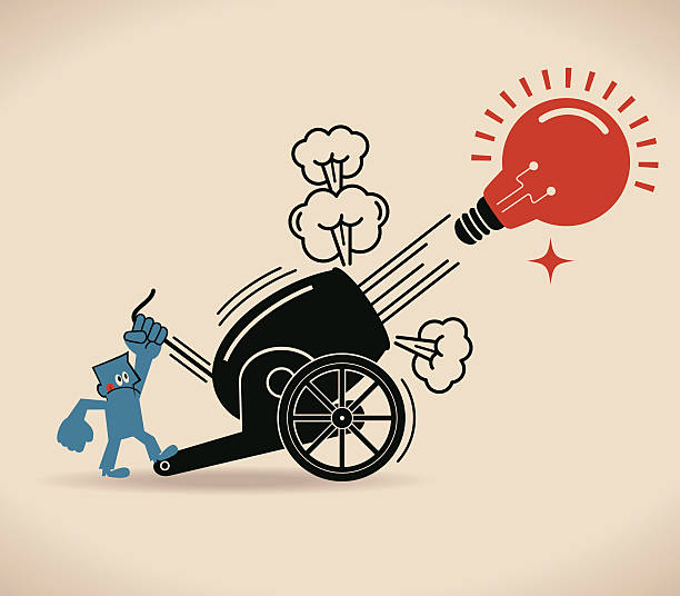 Cannon Firing, Businessman shooting big idea light bulb from cannon Blue Characters Full Length Vector art illustration.Copy Space. cannon artillery stock illustrations