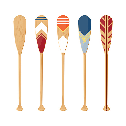 Oars set isolated on a white background. Painted canoe paddles in flat style, vector illustration.