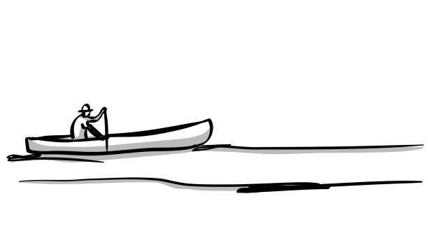 Canoe Simple Sketch Rough sketch of a man paddling in his canoe on a quiet lake river clipart stock illustrations