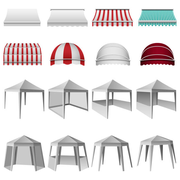 Canopy shed overhang mockup set, realistic style Canopy shed overhang awning mockup set. Realistic illustration of 16 canopy shed overhang awning mockups for web chupah stock illustrations