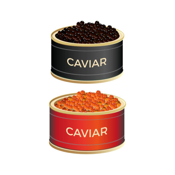 Cans with caviar Open tin cans with black and red caviar. Vector illustration isolated on white background roe stock illustrations