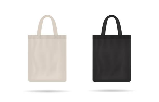 キャンバスバッグ。生地トートのモックアップ。ハンドル付きの布トートバッグ。黒と白の綿エコバッグのテンプレート。買い物のための再利用可能なトート。買い物客のための空白のモッ� - 買い物袋点のイラスト素材／クリップアート素材／マンガ素材／アイコン素材