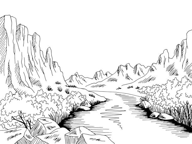 illustrazioni stock, clip art, cartoni animati e icone di tendenza di canyon fiume grafico nero bianco deserto paesaggio di montagna schizzo illustrazione vettore - canyon