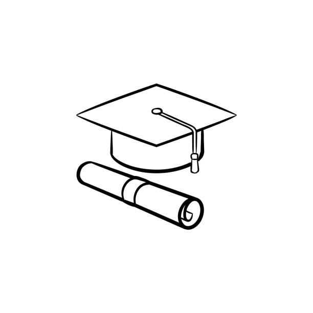 Cap of graduate and certificate hand drawn icon Cap of graduate and certificate degree hand drawn outline doodle icon. Vector sketch icon of graduation cap and degree certificate for print, web, mobile and infographics isolated on white background. graduation drawings stock illustrations