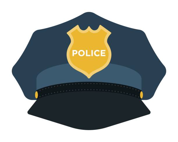 Cap of the policeman with a gold cockade vector icon flat isolated. Equipment, policeman cap with a yellow cockade and the inscription Police vector flat icon isolated on white. police hat stock illustrations