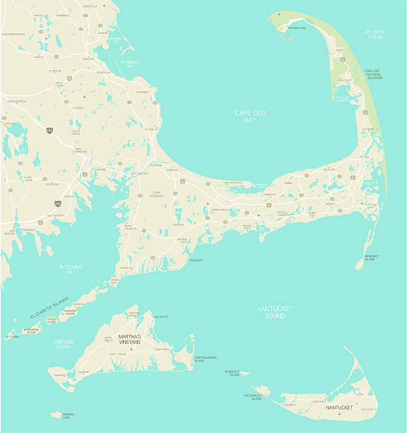 Cape Cod Area Map A map of the Cape Cod, Massachusetts region with a very detailed coastline. Includes Nantucket and Martha's Vineyard. Roads, lakes and city names are all on separate layers. Includes an extra-large JPG so that you can crop in to the area you need. cape cod stock illustrations