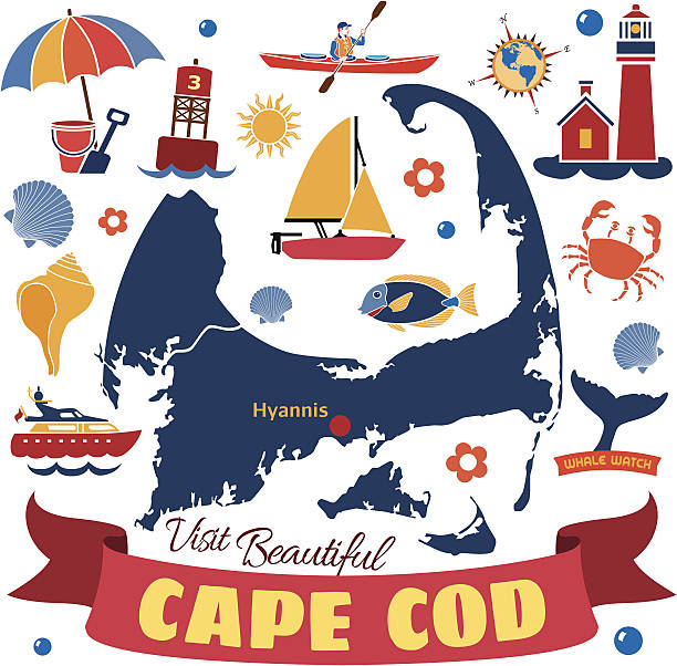 Cape Cod map with icons Vector cape Cod map with icons. cape cod stock illustrations