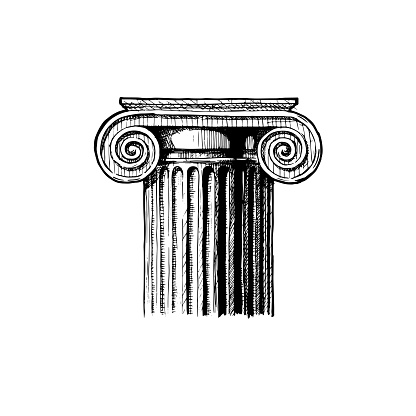 Ionic order. Vector hand drawn illustration of classical capital. Illustration in vintage engraving style.
