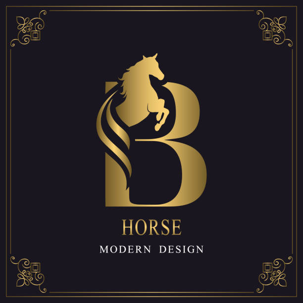 Capital Letter B with a Horse. Royal Logo. King Stallion in Jump. Racehorse Head Profile. Gold Monogram on Black Background with Border. Stylish Graphic Template Design. Tattoo. Vector illustration Vector illustration of Capital Letter B with a Horse. Royal Logo. King Stallion in Jump. Racehorse Head Profile. Gold Monogram on Black Background with Border. Stylish Graphic Template Design. Tattoo. fancy letter b silhouettes stock illustrations