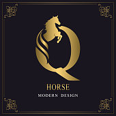 Vector illustration of Capital Letter Q with a Horse. Royal Logo. King Stallion in Jump. Racehorse Head Profile. Gold Monogram on Black Background with Border. Stylish Graphic Template Design. Tattoo.
