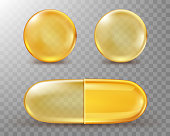 Capsules with oil, gold round and oval pills isolated on transparent background. Cosmetics, vitamin, omega 3 golden bubbles, antibiotic gel, serum droplets or collagen essence, realistic 3d vector set