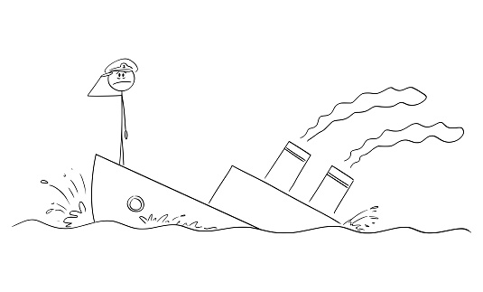 Captain of the Sinking Ship or Boat Saluting, Vector Cartoon Stick Figure Illustration