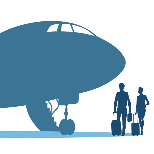 Captain pilot and hostess are walking on the plane. Airlines and international travel. At the airport, the pilot and his assistant are going towards the plane with suitcases in their hands. airport silhouettes stock illustrations