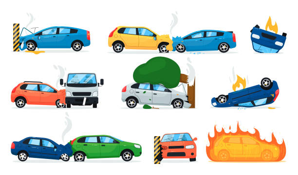 自動車事故セット。孤立した漫画の車のクラッシュアイコン - 交通事故点のイラスト素材／クリップアート素材／マンガ素材／アイコン素材