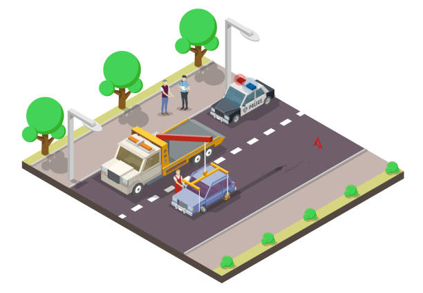 Car accident vector flat isometric illustration Car accident concept vector flat illustration. Isometric tow truck lifting damaged car, police car and policeman interviewing driver about traffic accident. tow truck police stock illustrations