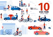 Gasoline Car and Ecological Transport Owning Trendy Flat Vector Scenes Set. Man and Woman Riding Car, Going on Shopping, Rides on Bicycle, Giving Automobile, Bike and Shooter As Gift Illustrations