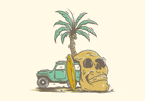 Car and skeleton head on the beach vintage illustration drawing design
