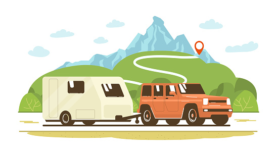 SUV car and trailer caravan on the road against the backdrop of a rural landscape. Vector flat style illustration.