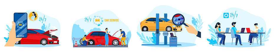 Car auto service vector illustration set, cartoon flat repairman mechanics in repair work process with equipment, call center app