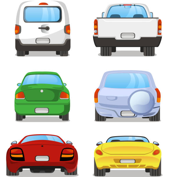 Car back view rear set 2 Vector cartoon Car rear set 2. With back view of six different types of car. Pick up truck, truck, mini van, station wagon, sports car, hatchback.  rear view stock illustrations