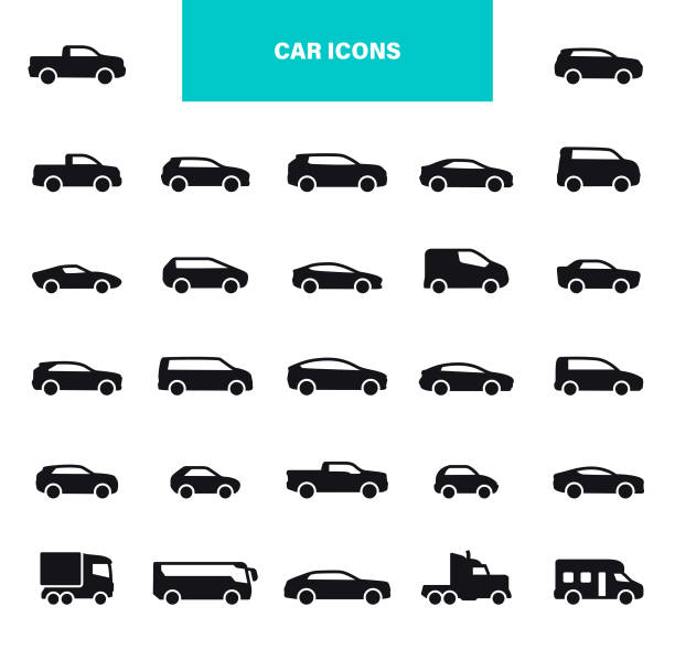 Car Black Icons. Model Objects, Automobile, Transportation, Electric Car Car, Icon, Typing, Mode of Transport, Side View. Black icon set used car sale stock illustrations