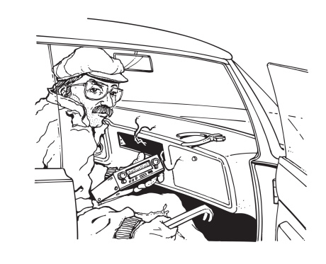Thief stealing car radio. vector