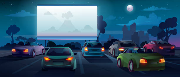 ilustrações de stock, clip art, desenhos animados e ícones de car cinema or drive in movie theater and auto theatre with outdoor screen, vector cartoon background. car cinema or drive movie in open air with people in cars on parking lot watching movie - parking lot
