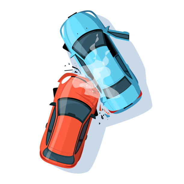 Car crash semi flat RGB color vector illustration Car crash semi flat RGB color vector illustration. Road collisition. Road accident. Damaged transport. City drive disaster. Two smashed vehicles isolated cartoon objects top view on white background city clipart stock illustrations