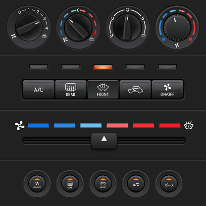 Car dashboard elements with black push buttons and level slider