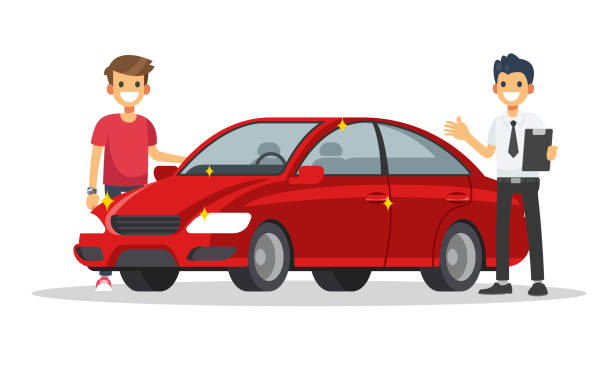 Car dealers are introducing new cars to customers. vector art illustration