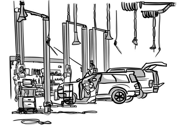 Car Dealership Garage Generic The garage facility of a car dealership mechanic drawings stock illustrations