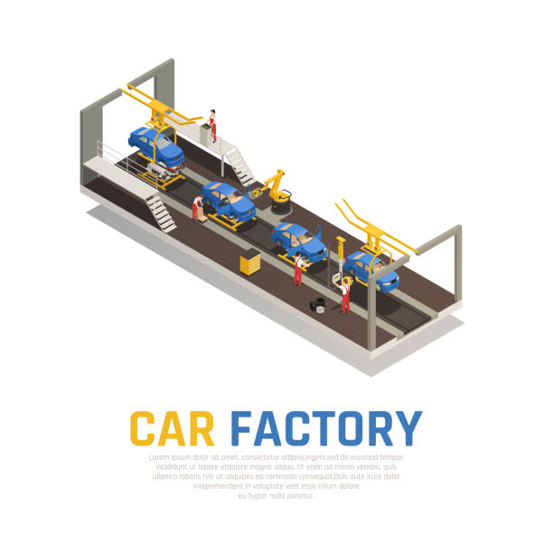 ilustraciones, imágenes clip art, dibujos animados e iconos de stock de composición isométrica de producción de vehículos de fábrica de automóviles - production line