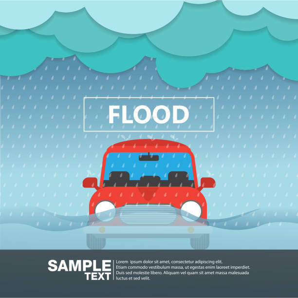 illustrazioni stock, clip art, cartoni animati e icone di tendenza di vista frontale dell'auto in una stagione delle piogge alluvionale illustrazione vettoriale - alluvione
