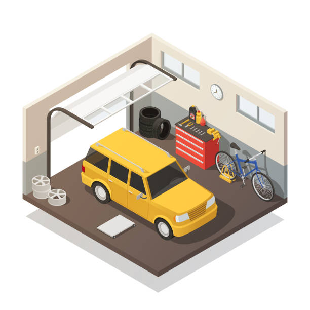 Yellow station wagon and bicycle in car repair and maintenance garage...