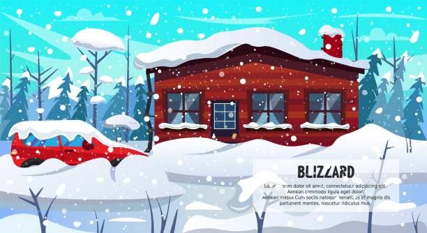 숲덮인 눈의 눈보라에 있는 자동차 집 건물 - blizzard stock illustrations