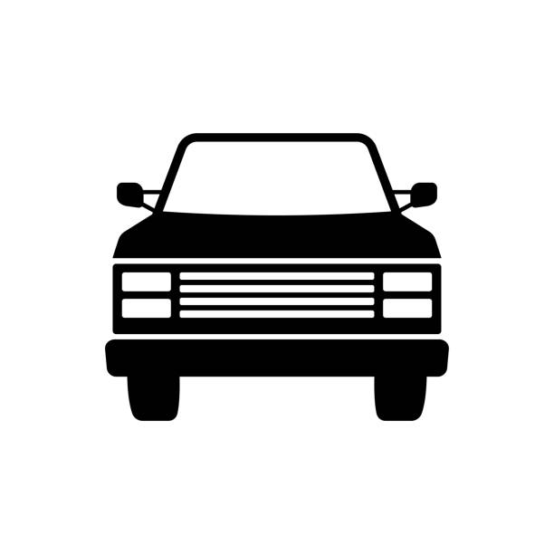 stockillustraties, clipart, cartoons en iconen met car icon. black silhouette. front view. vector flat graphic illustration. the isolated object on a white background. isolate. - front view old jeep