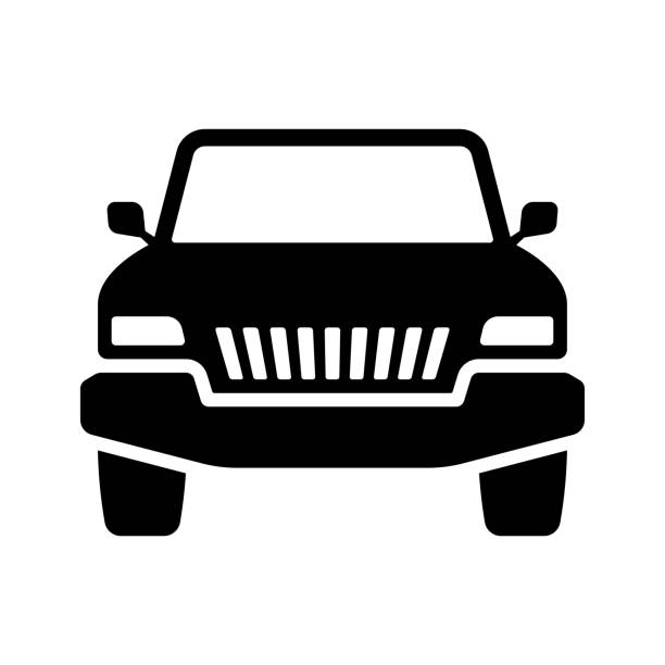 stockillustraties, clipart, cartoons en iconen met car icon. suv. off-road transport. black silhouette. front view. vector simple flat graphic illustration. isolated object on a white background. isolate. - front view old jeep
