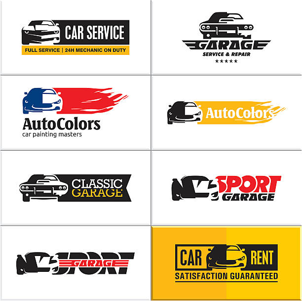 car icons, car service car icons, car service, vector car garage sign, sports car garage silhouettes stock illustrations
