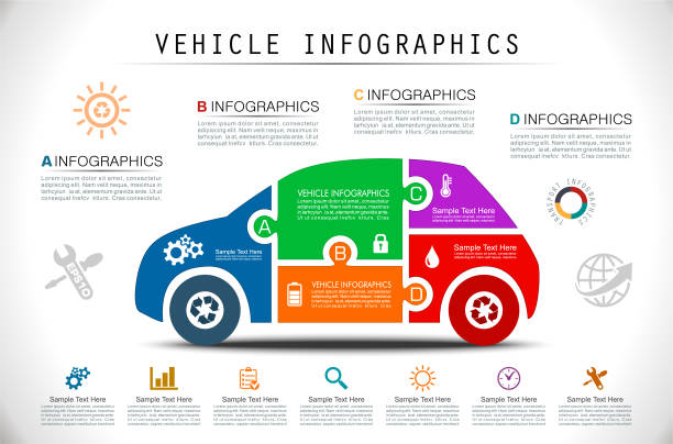 Car Infographics in Flat Puzzle Style Car Infographics in Flat Puzzle Style used car sale stock illustrations
